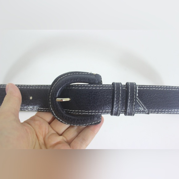 Vintage Textured Blue/Black Leather Belt with White Topstitching Self Covered - Picture 3 of 8